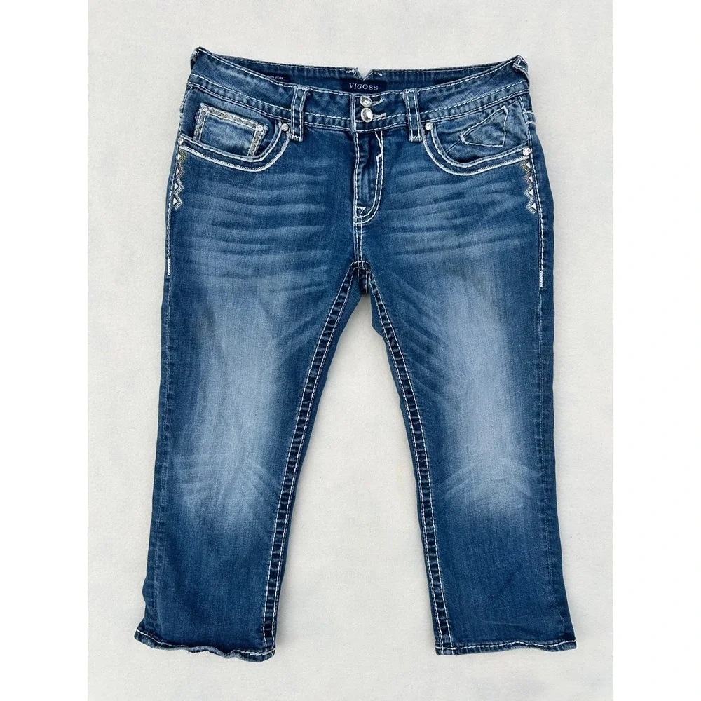 Vigoss The New‎ York Capri Jeans 31 Medium Wash Thick Stitch Rhinestone Cropped